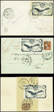 3 cartes postales du vol Nancy - Lunéville (28.7.12) avec grand timbre semi-officiel 25c bleu + 3 timbres détachés. TB