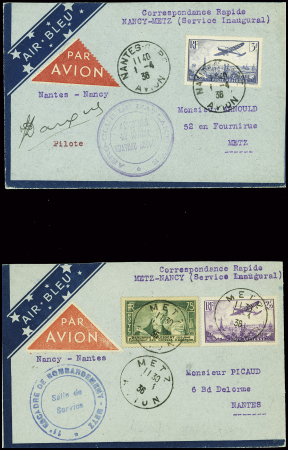 3 env. Air Bleu obl. Nancy RP avion (24.9.35 - 18.7.35), Nantes RP avion (1.4.36) pour Nancy avec signature du pilote Darque et Metz avion (1.4.36)