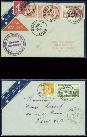 3 env. Air Bleu obl. Nancy RP avion (24.9.35 - 18.7.35), Nantes RP avion (1.4.36) pour Nancy avec signature du pilote Darque et Metz avion (1.4.36)