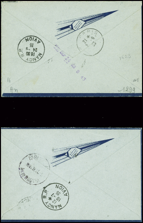 3 env. Air Bleu obl. Nancy RP avion (24.9.35 - 18.7.35), Nantes RP avion (1.4.36) pour Nancy avec signature du pilote Darque et Metz avion (1.4.36)