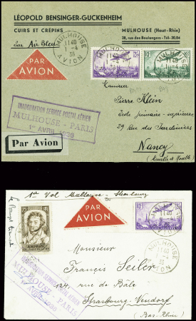 2 env. ordinaires par Air Bleu avec CAD "Mulhouse avion" (1.4.36) + cachet rect violet "Inauguration service postal aérien Mulhouse - Paris