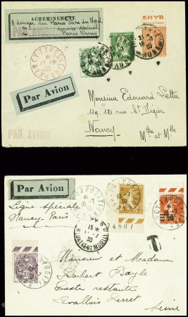 9 env. des vols spéciaux de l'exposition de Nancy (Paris Nancy et Nancy Paris 1929 - 1930) dont un imprimé urgent (Muller n°226 et 272). TB