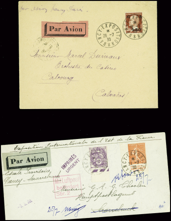 9 env. des vols spéciaux de l'exposition de Nancy (Paris Nancy et Nancy Paris 1929 - 1930) dont un imprimé urgent (Muller n°226 et 272). TB