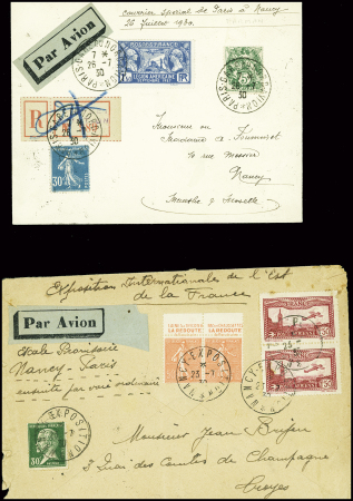9 env. des vols spéciaux de l'exposition de Nancy (Paris Nancy et Nancy Paris 1929 - 1930) dont un imprimé urgent (Muller n°226 et 272). TB