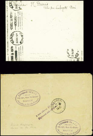 9 env. des vols spéciaux de l'exposition de Nancy (Paris Nancy et Nancy Paris 1929 - 1930) dont un imprimé urgent (Muller n°226 et 272). TB