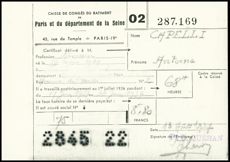 CP 40c Paix TSC Caisse des congés du batiment (PAI A5c) remplie mais non expédiée. RR et TB, cote 1850€