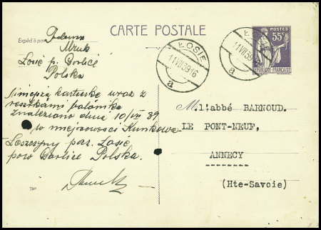 CP 55c violet obl. Losie (Pologne 1939) (PAI C1) sur carte postale lancée par ballonnet depuis Annecy. TB