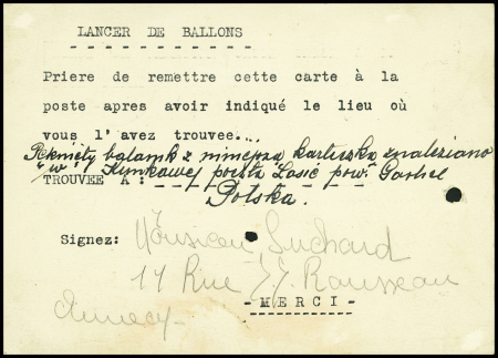 CP 55c violet obl. Losie (Pologne 1939) (PAI C1) sur carte postale lancée par ballonnet depuis Annecy. TB