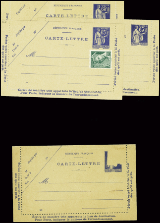 3 cartes lettres neuves 65c Paix Outremer avec dates 747 (à l'endroit et à l'envers) et 824 à l'envers + carte-lettre 65c Outremer (date 822)
