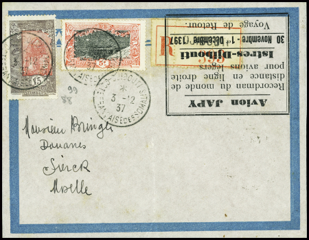 3/7 - 12 - 37 Djibouti - France, lettre recommandée avec cachet rect noir du raid avec erreur  1397 au lieu de 1937 (Muller n°16a Côte des Somalis)