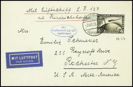 Allemagne PA n°37 OBL 7 oct 28 sur lettre du vol Zeppelin Friedrichschafen - Rochester (USA) avec cachet ovale bleu "Mit Luftschiff LZ 127 befordert"
