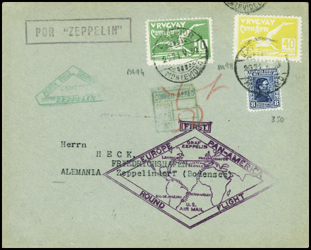 Uruguay n°350 + PA14 + PA18 obl. Montevideo (21.5.30) sur lettre pour l'Allemagne avec grand cachet losange violet