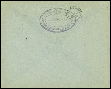 Uruguay n°350 + PA14 + PA18 obl. Montevideo (21.5.30) sur lettre pour l'Allemagne avec grand cachet losange violet