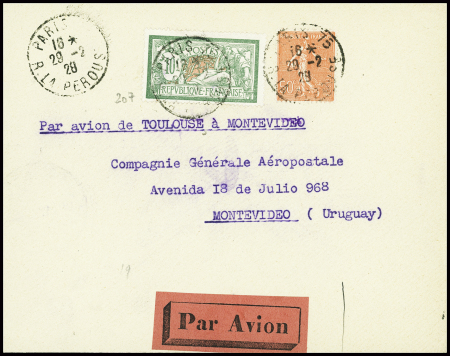 2/17 - 3 - 1928 Toulouse - Montevideo par Mermoz (M180) lettre AFF n°199 + 207 obl. Paris 75. TB