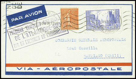 10/15.5.1930 (Paris) - Toulouse - Dakar - Santiago du Chili par Mermoz, Dabry et Gimié, lettre AFF n°199 + 261 avec cachet rect violet