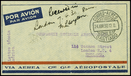 Env. de l'aéropostale avec au recto CAD "correo aero Santiago" (24.4.1930) pour Londres avec au verso AFF Chili n°93, 2 pièces + PA 17 à 19 et mention dactyl