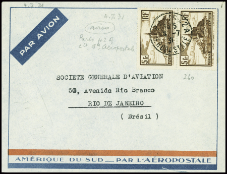 N°260 en paire OBL CAD rond "Paris 42A aéropostale" (4.7.31) sur lettre par l'Aéropostale pour Rio de Janeiro. TB