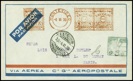 8.6.1930 Montevideo - France, env. aéropostale avec empreinte de machine à affranchir rouge et au verso griffe verte "Aviador Mermoz"
