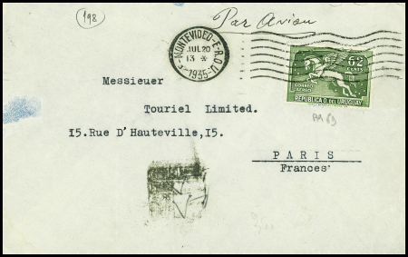Uruguay PA n°69 obl. Mec Montévidéo (1935) avec au verso arrivée Paris 27.7.35. TB