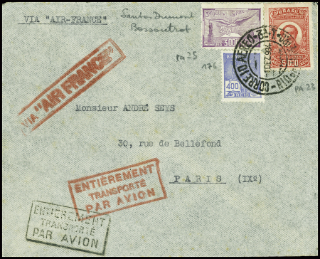 Brésil n°176 + PA23 + PA25 OBL Rio de Janeiro (1 dec 34) sur lettre pour Paris avec 2 griffes encadrées noire et rouge diff