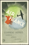 Brésil n°171 + 261 + PA21 obl. Maceio sur carte postale de nouvel an Air France à tarif réduit avec carte géographique de France rouge entourée de bleu et de vert