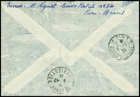 Brésil n°162 + 175, 2 pièces, obl. Para (29 nov 34) sur lettre pour Paris avec griffe encadrée "entièrement transporté par avion"