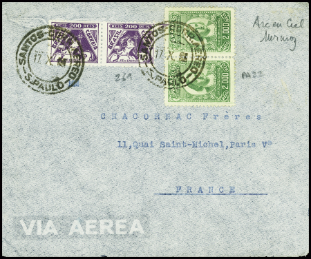 Brésil n°261 en paire + PA27 en paire OBL Santos (17.10.34 - arrivée 24 oct 34 - Mermoz sur l'Arc-en-Ciel -traversée 8R). TB
