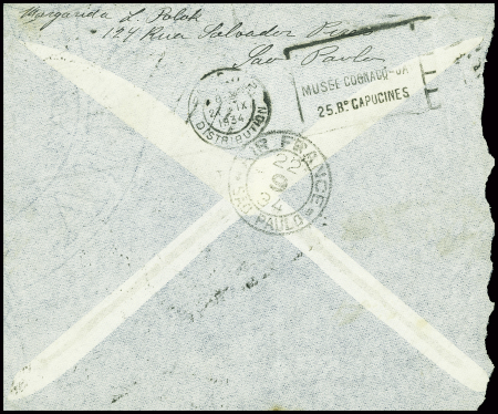 Brésil n°207 + PA31 obl. Sao Paulo (22.9.34) sur lettre pour Paris avec cachet rect noir "transporté entièrement par avion", arrivée Paris 27.9.34. TB
