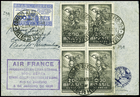 Brésil n°291 en bloc de 4  + 299 OBL 3.1.1996 sur lettre avec cachet rect violet