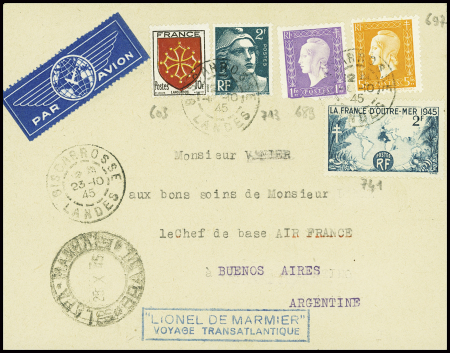 N°603 + 713 + 689 + 697 + 741 OBL Biscarosse Landes (25.10.45) sur lettre pour Buenos Aires avec arrivée Lapa-Manha (Brésil) au recto et griffe encadré bleue