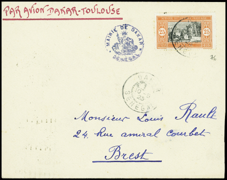 Sénégal n°76 OBL Dakar (10.5.23) sur lettre pour Brest avec petit cachet violet "Mairie de Dakar Sénégal" (Muller n°1 Sénégal Dakar -Casablanca). TB