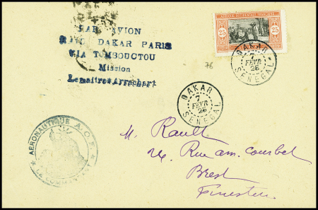 Sénégal n°76 OBL Dakar (7.2.1925) sur lettre pour Brest avec griffe bleue "Par avion raid Dakar Paris via Tombouctou mission Lemaitre Arrachart"