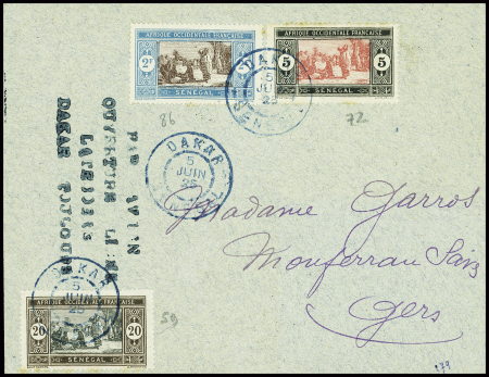 Sénégal n°72 + 86 + 59 OBL Dakar (5 juin 1925) sur lettre avec griffe bleue "par avion ouverture ligne Latécoère Dakar Toulouse" par Dubourdieu