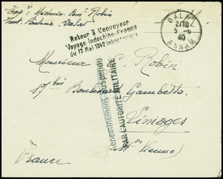 Lettre en franchise avec CAD "Dalat Annam" (5.5.1940) pour Limoges avec griffe noire "Retour à l'envoyeur voyage Indochine - France du 17 mai 1940