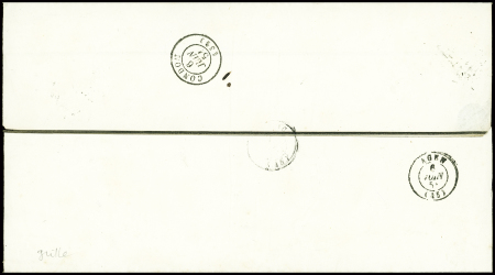 N°1 OBL grille + T15 Nérac (1851) sur faire part de deuil pour Condom réexpédié à Clairac. TB. Cote 775€