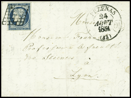 N°4 OBL grille + T13 "Pézenas (33)" (1851) sur lettre, ind 14. TB