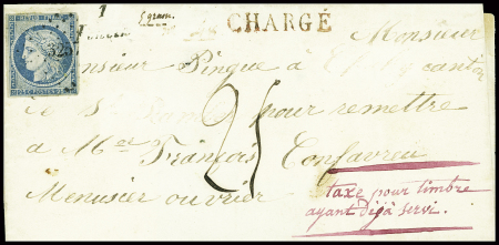 N°4 , timbre ayant déjà servi sur lettre avec mention manuscrite à l'encre rouge "Taxe pour timbre ayant déjà servi" + taxe manuscrite 25 et griffe