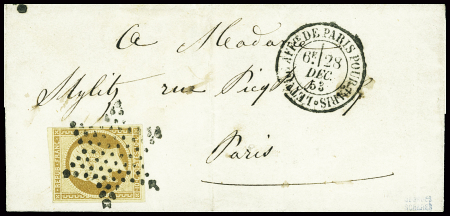 N°9, 10c bistre-jaune, obl. Étoile muette + CAD "Lettre AFFie de Paris pour Paris" (1863) sur lettre. TB