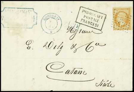 N°23 obl. Ancre bleue + CAD "Godewery" (1864) sur lettre de Marseille pour Catane (Sicile) avec cachet rect noir "Piroscafi francesi" (Salles n°777)