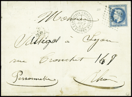 N°29 OBL losange de points "EU" + CAD "Exposition universelle postes" (1867) sur lettre. TB