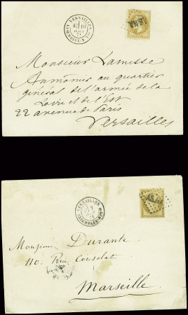2 lettres AFF respectvement n°28 et 38 OBL losange de points "ASNA" + CAD "Versailles assemblée NATle" (19 avril 71 et 7 avril 73), ind 15 chaque. TB