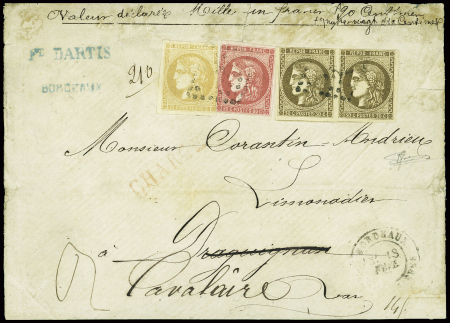 N°43 + 47 en paire + 49 OBL GC 532 + T17 Bordeaux (1871) sur lettre chargée (VD 1001F90c)