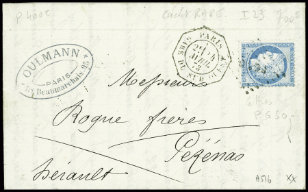 N°60 obl. Losange de points "PGSO" + CAD octogonal "Paris gare du sud ouest" (1873) sur lettre, ind 19. TB