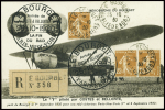 N°235, 3 pièces, obl. Le Bourget (25.10.30) sur carte postale illustrée recommandée avec vue de l'avion "Point d'Interrogation" et cachet noir