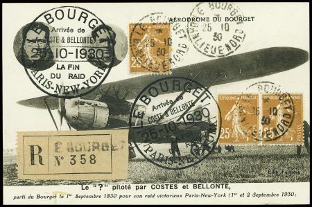 N°235, 3 pièces, obl. Le Bourget (25.10.30) sur carte postale illustrée recommandée avec vue de l'avion "Point d'Interrogation" et cachet noir