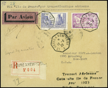 N°240 + 261 obl. Octo "Le Havre à New-York A" (19.8.29) sur lettre recommandée catapultée avec griffe noire "Transat aérienne catapulte Ile de France"