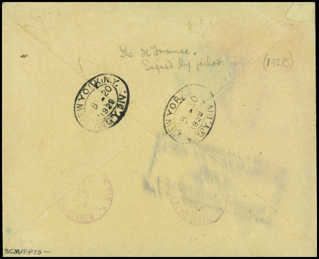 N°240 + 261 obl. Octo "Le Havre à New-York A" (19.8.29) sur lettre recommandée catapultée avec griffe noire "Transat aérienne catapulte Ile de France"
