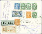 N°111, 4 pièces + 192 + 199, 2 pièces + 123 sur lettre recommandée avion pour Pondichéry avec griffe violette "Liaison postale Istres-Pondichéry"