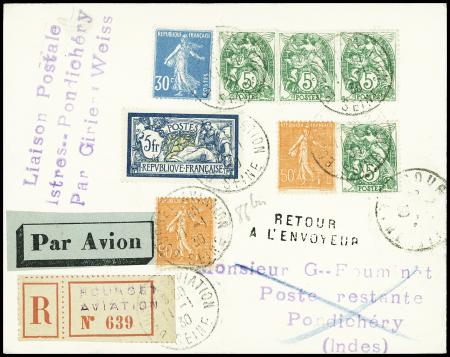 N°111, 4 pièces + 192 + 199, 2 pièces + 123 sur lettre recommandée avion pour Pondichéry avec griffe violette "Liaison postale Istres-Pondichéry"