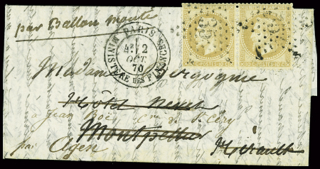 N°28 en paire obl. Étoile 35 + CAD "Paris Ministère des finances" (2 oct 70) sur ballon monté pour Montpellier réexpédié à St Chéry par Agen. TB